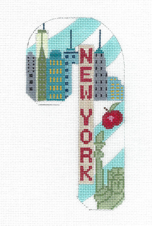 Travel Canvas ~ NEW YORK CITY  "BIG APPLE" Lg. Candy Cane handpainted Needlepoint Canvas by CH Design from Danji