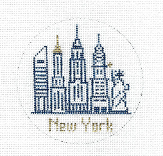 Travel ~ Skyline of NEW YORK CITY in Blue and Gold handpainted Ornament on 18 mesh Needlepoint Canvas from Danji