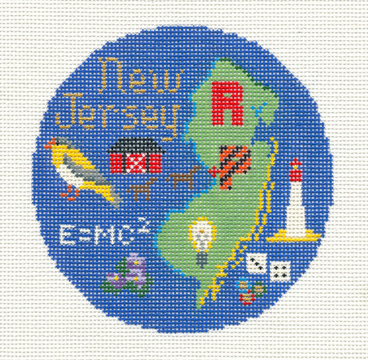 Travel Round ~ State of New Jersey handpainted  4.25" Needlepoint Canvas by Silver Needle