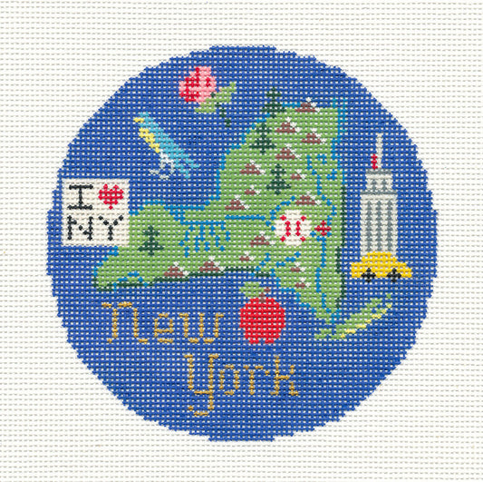 Travel Round ~ NEW YORK STATE handpainted 4.25" Needlepoint Canvas by Silver Needle