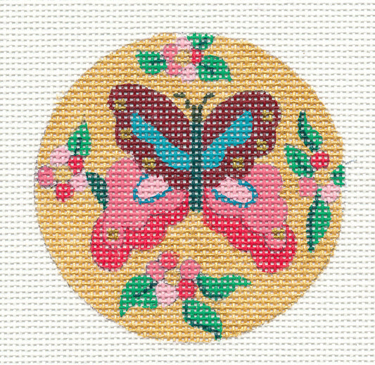 Round ~ Red Cloisonné Butterfly Ornament on Hand Painted Needlepoint Canvas by JulieMar