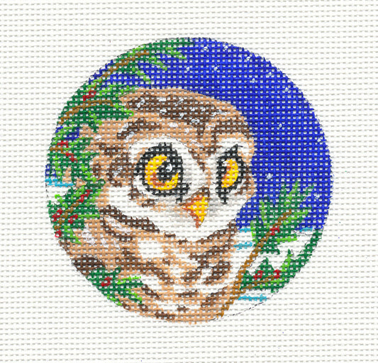 3" Round ~ Woodland Owl Ornament on Handpainted 18 mesh Needlepoint Canvas by Kamala from PLD