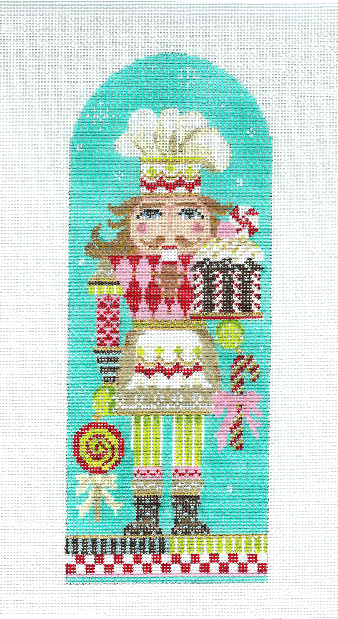 Kelly Clark Canvas ~ LG. "Candy Chef" 9.25" Tall Nutcracker 18 mesh handpainted Needlepoint Ornament Canvas
