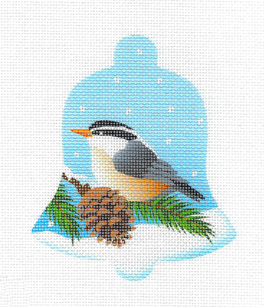 Bird Bell ~ Nuthatch on Branch in Snow handpainted Needlepoint Ornament Canvas by Pepperberry