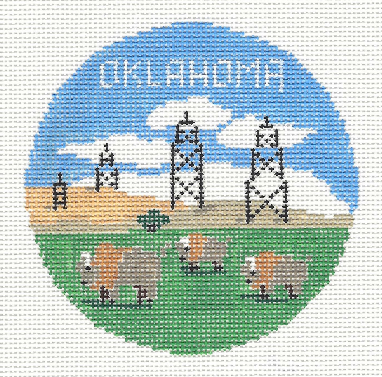 Travel Round ~ State of OKLAHOMA handpainted 18 Mesh 4" Rd. Needlepoint Canvas by Kathy Schenkel