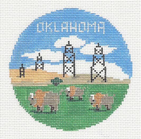 Travel Round ~ State of OKLAHOMA handpainted 18 Mesh 4" Rd. Needlepoint Canvas by Kathy Schenkel