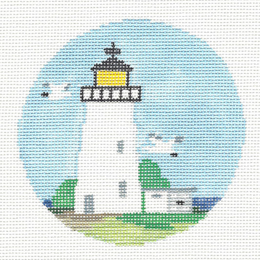 Travel Round ~ Ocracoke, North Carolina Lighthouse handpainted Needlepoint Canvas Kathy Schenkel RD.