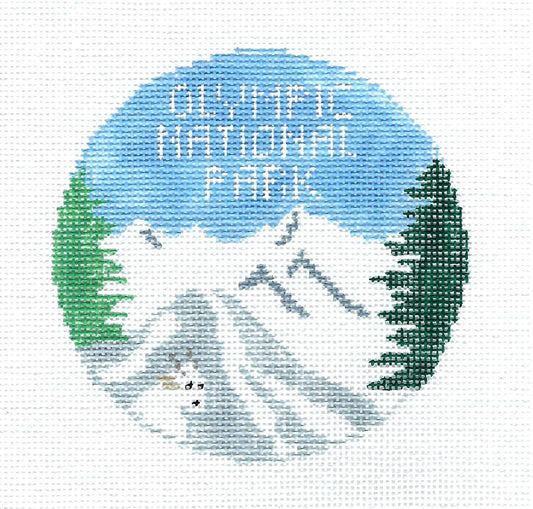 Travel Round ~ Olympic National Park 4" Rd. handpainted 18 mesh Needlepoint Canvas by Kathy Schenkel