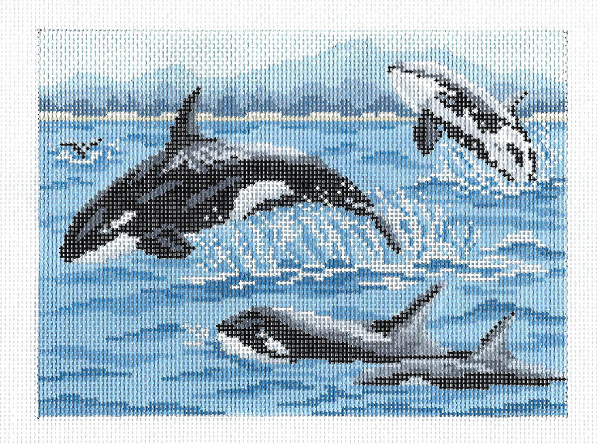 Orca Killer Whales Pod handpainted 13 Mesh, 9.5" by 7" Needlepoint Canvas by Needle Crossings