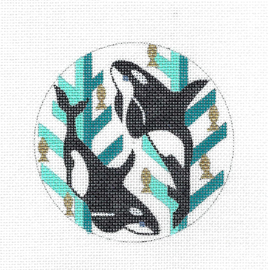 Whale ~ Mosaic Art 2 Orca Killer Whales 18 mesh handpainted 4" Round Needlepoint Canvas by Melissa Prince