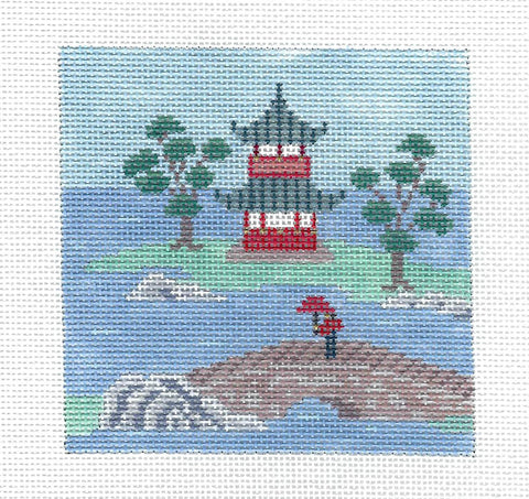 Coaster ~ Pagoda with Bridge Oriental 4" Sq. Coaster handpainted Needlepoint Canvas by Susan Roberts