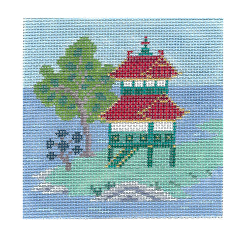 Coaster ~ Pagoda with Trees  4" Sq. Coaster Oriental handpainted Needlepoint Canvas by Susan Roberts