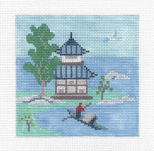 Coaster ~ Pagoda with Boat Oriental  4" Sq. Coaster handpainted Needlepoint Canvas by Susan Roberts