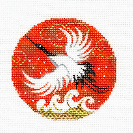 Round ~ Oriental Flying Crane Wedding 3" Rd. 18 mesh handpainted "BJ" Insert Needlepoint Canvas Ornament by LEE