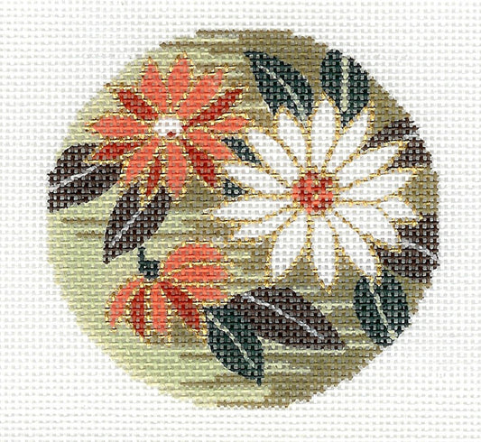 Round ~ Oriental Chrysanthemums handpainted Needlepoint Canvas 3" RD. Ornament or Insert by LEE