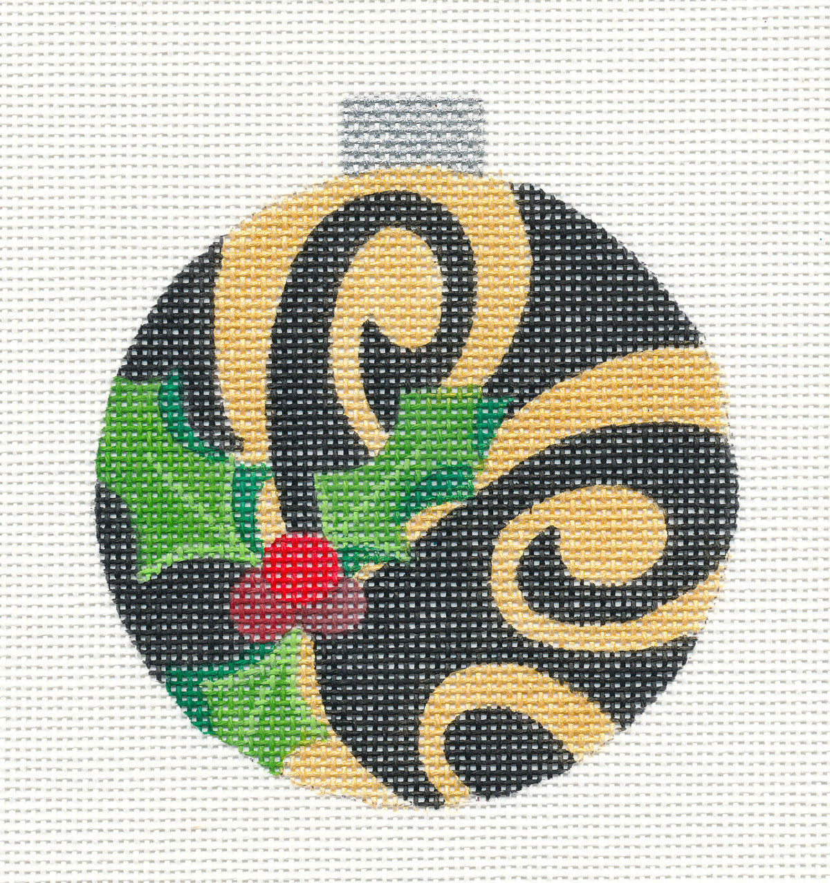 Round~Holly with Gold on Black Ornament handpainted Needlepoint Canvas by Raymond Crawford