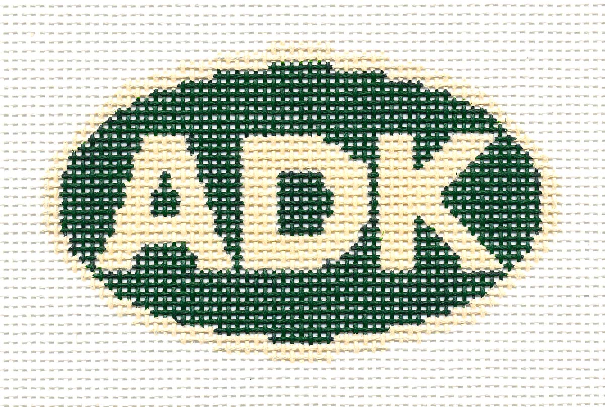 Oval ~ "ADK" Adirondack Mountains, New York Ornament in Green handpainted Needlepoint Canvas by Silver Needle