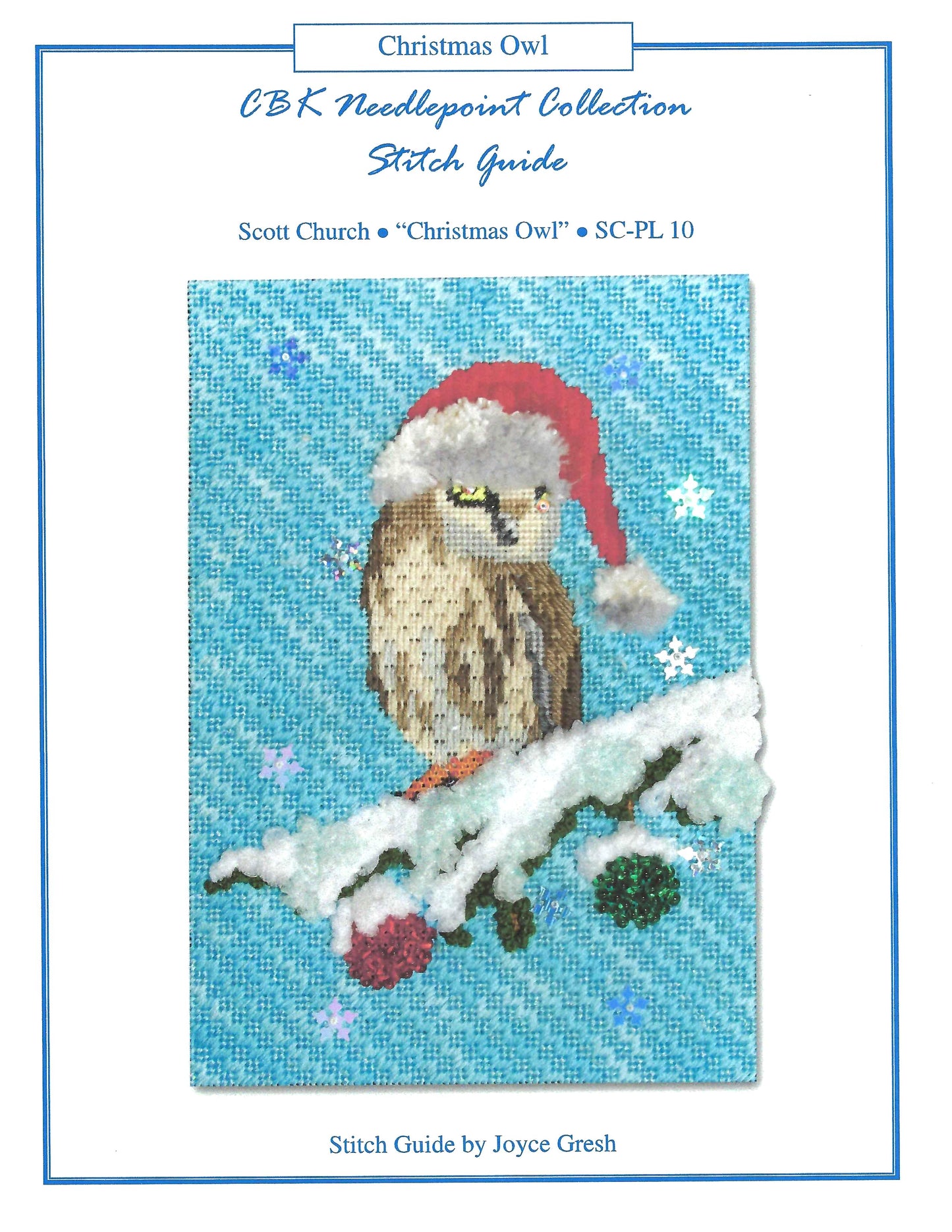Bird Canvas ~ "Christmas Owl in Santa Hat" handpainted Needlepoint Canvas & STITCH GUIDE by Scott Church