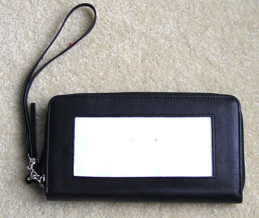 Accessory ~ Zip-Top Jet Black Smooth Leather Zip Wallet with Strap for Needlepoint Canvas by LEE