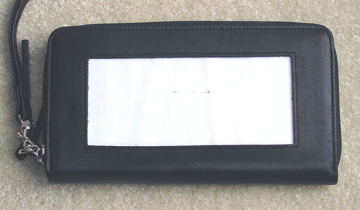 Accessory ~ Zip-Top Jet Black Smooth Leather Zip Wallet with Strap for Needlepoint Canvas by LEE