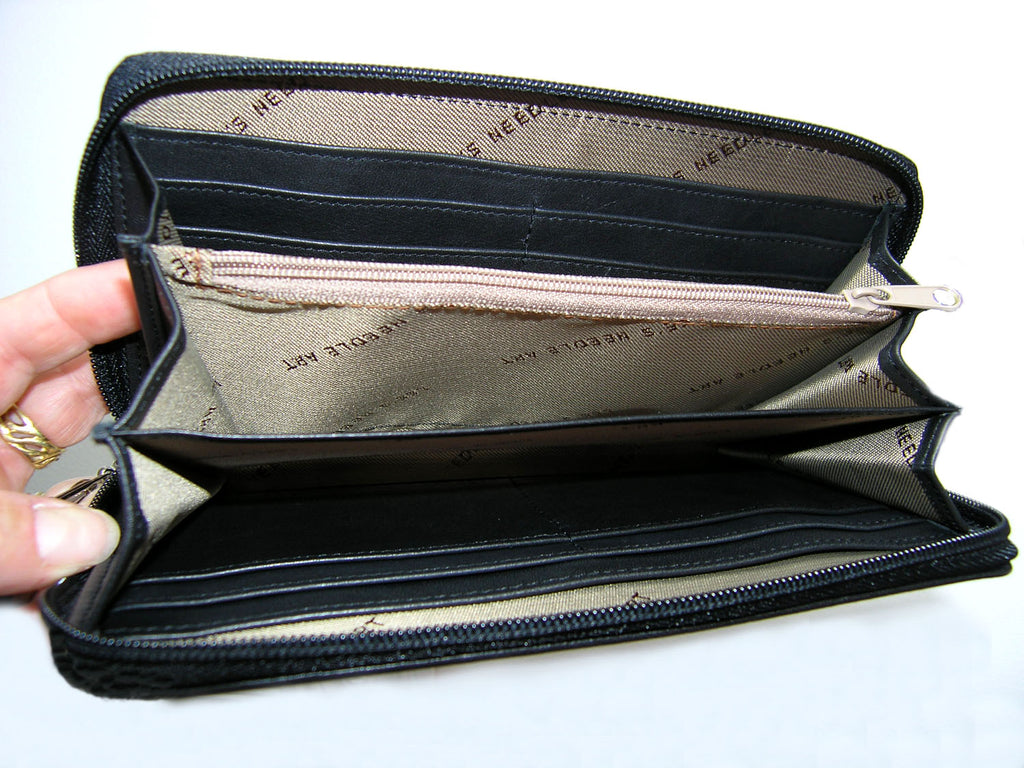Accessory ~ Zip-Top Jet Black Smooth Leather Zip Wallet with Strap for Needlepoint Canvas by LEE