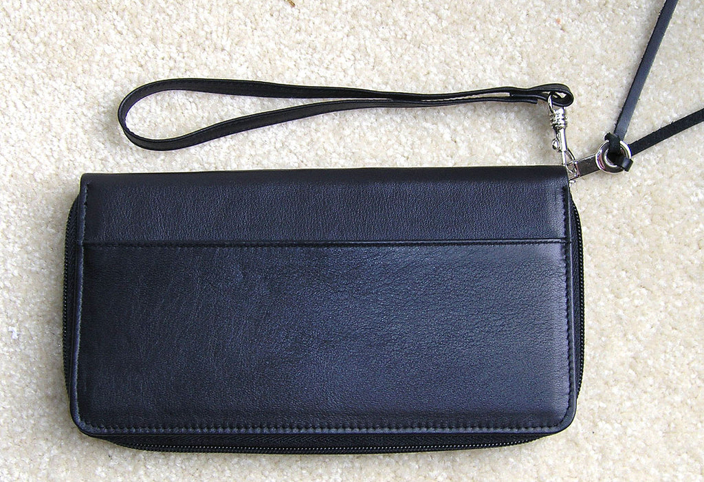 Accessory ~ Zip-Top Jet Black Smooth Leather Zip Wallet with Strap for Needlepoint Canvas by LEE