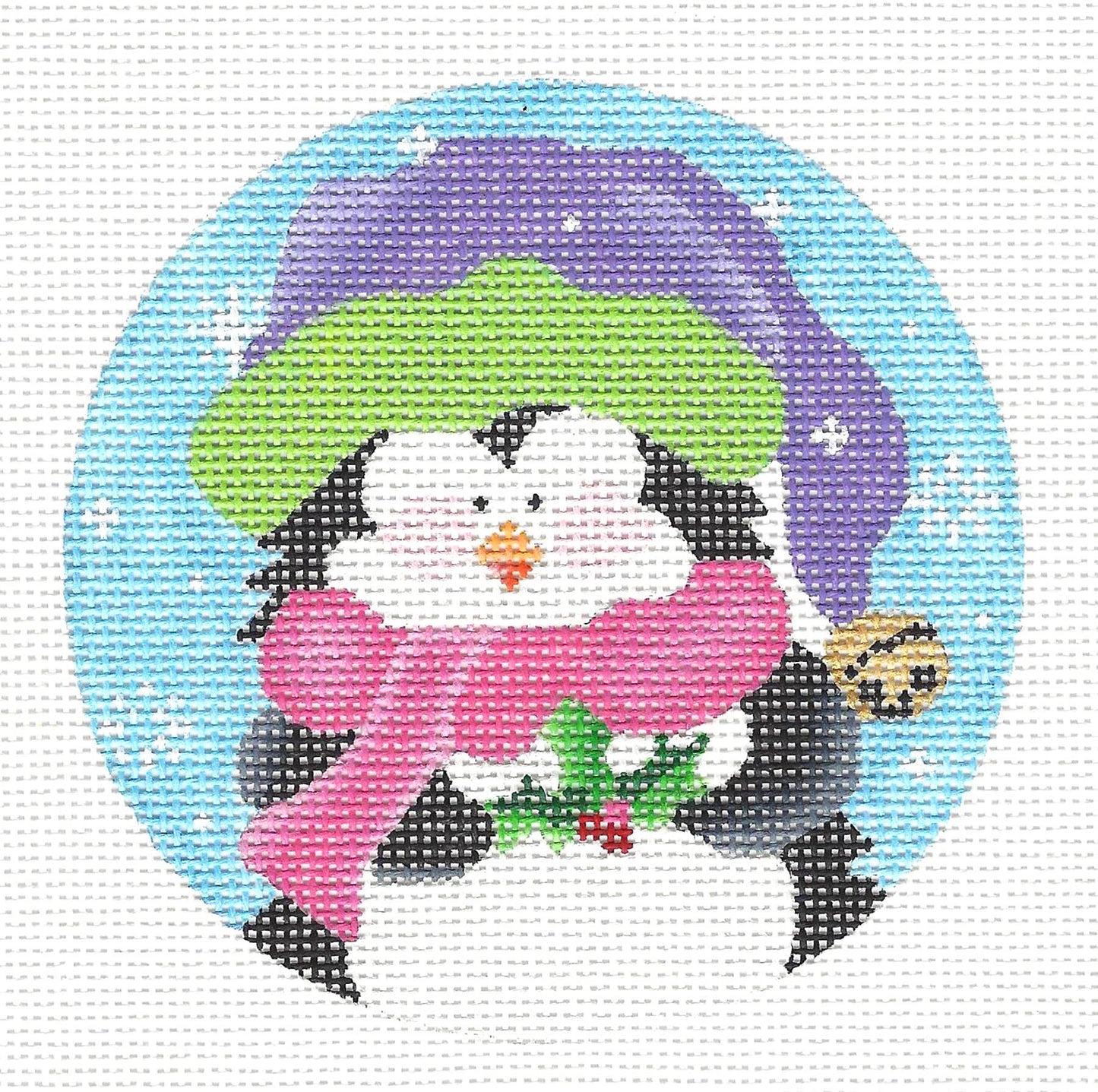 Round~Penguin in Pink Scarf-18 Mesh handpainted Needlepoint Canvas~by Pepperberry