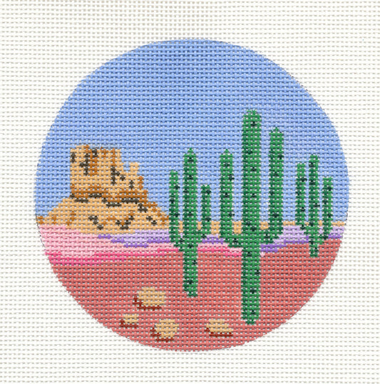 Travel Round ~ ARIZONA Desert Scene Destination handpainted 4" Needlepoint Canvas by Painted Pony