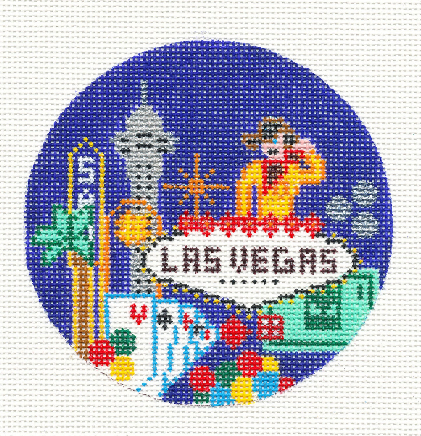 Travel ~ Las Vegas, Nevada Destination 4" Round handpainted Needlepoint Canvas by Painted Pony