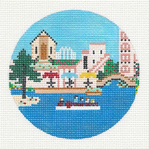 Round~4" San Antonio~ Destination round handpainted Needlepoint Canvas~ by Painted Pony Designs  **MAY NEED TO BE SPECIAL ORDERED**