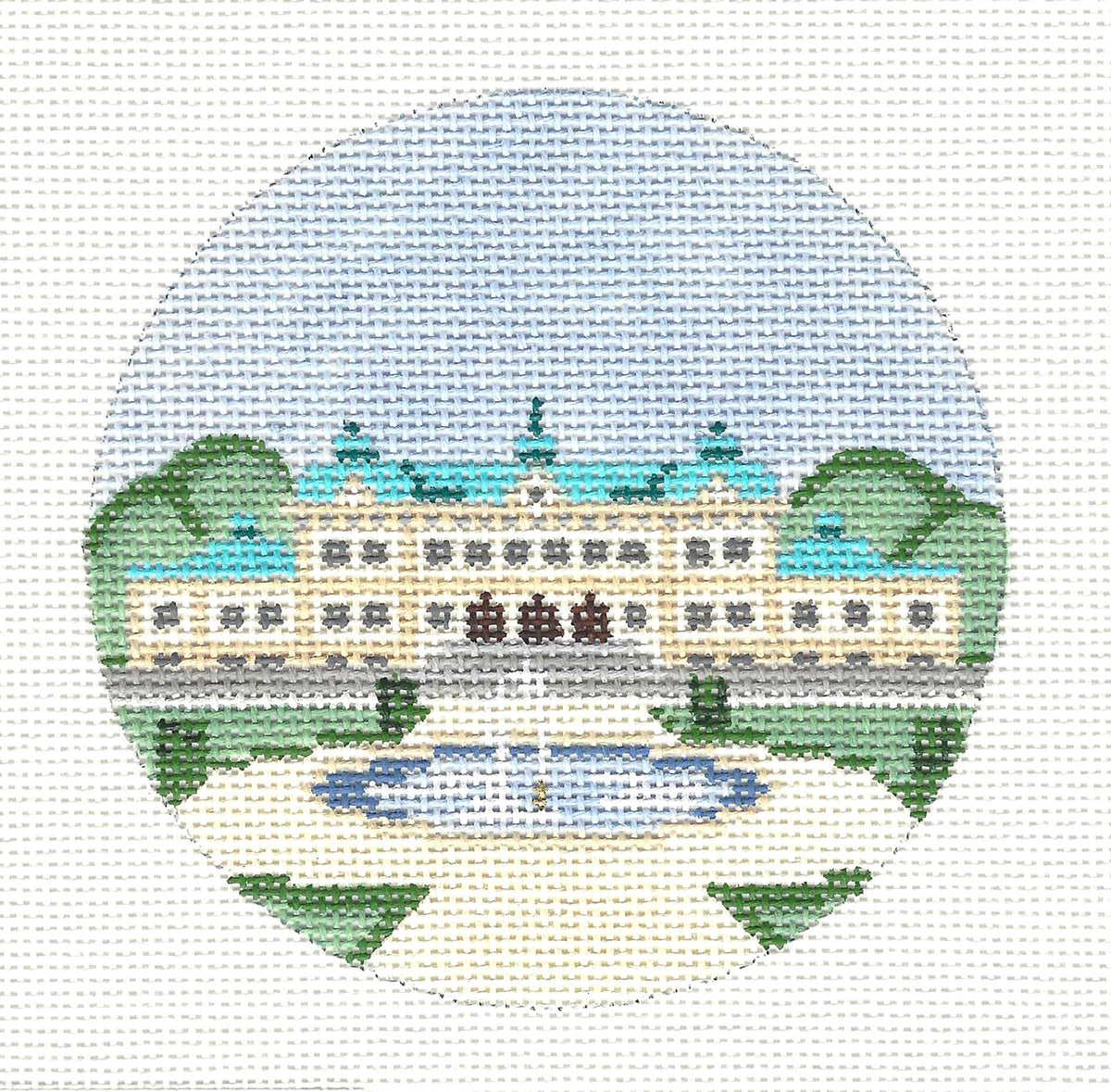 4" Round ~ Country of  SWEDEN Destination 4" round handpainted 18 Mesh Needlepoint Canvas by Painted Pony Designs