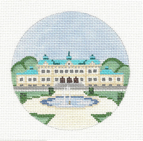 Round ~ SWEDEN Destination 4" round handpainted Needlepoint Canvas by Painted Pony Designs  **MAY NEED TO BE SPECIAL ORDERED**