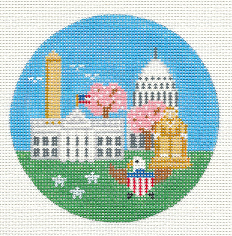 Travel Round ~ Washington, DC Canvas & STITCH GUIDE handpainted 4" Needlepoint Canvas by Painted Pony Designs