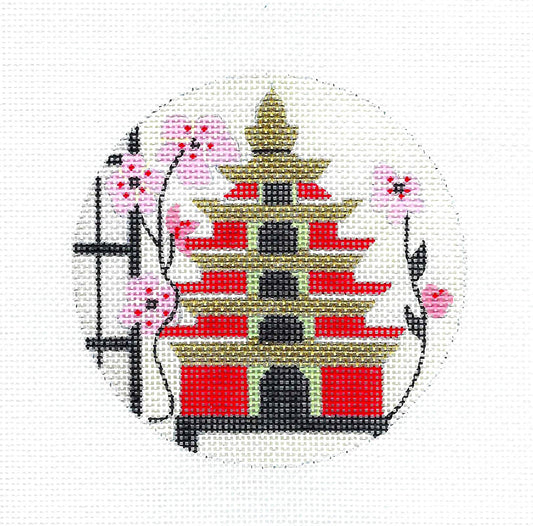 Oriental ~ Pagoda & Cherry Blossom Bird House HP 4" Round Needlepoint Ornament by Melissa Prince