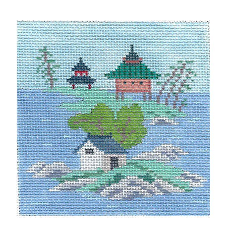 Coaster ~ Pagoda with Island  4" Sq. Coaster Oriental handpainted Needlepoint Canvas by Susan Roberts
