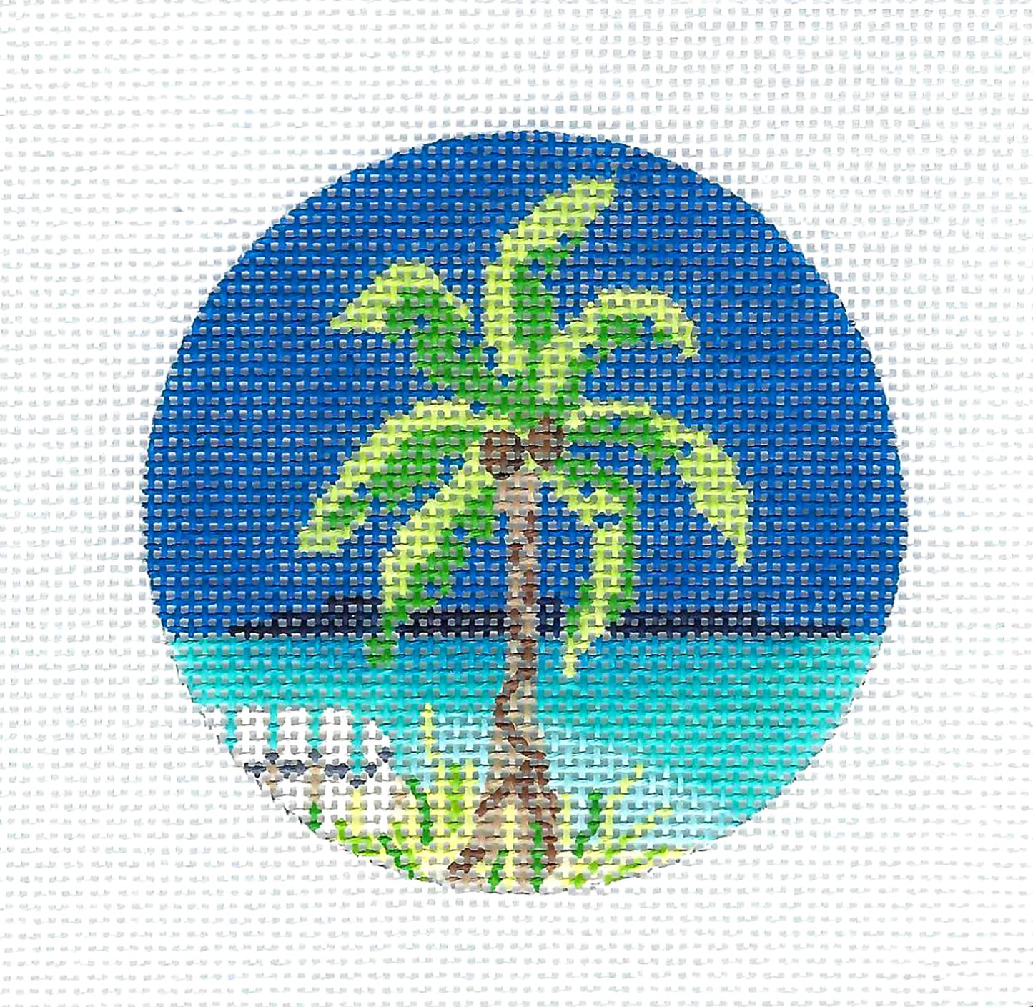 Kelly Clark ~ Tropical Coconut Palm Tree on Beach handpainted 3" Needlepoint Canvas