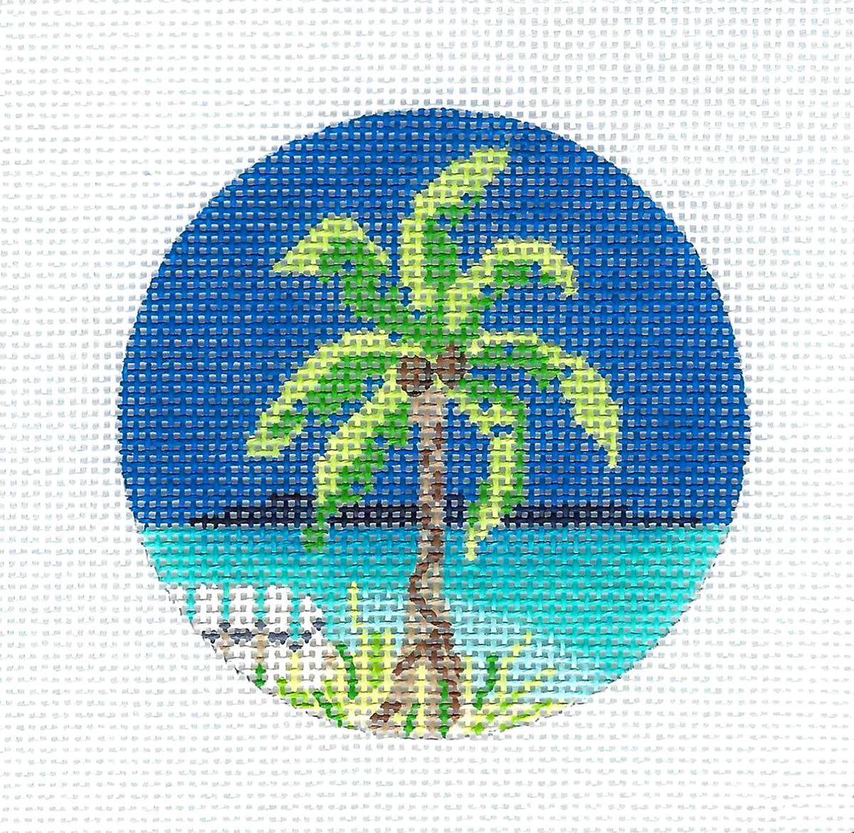 Kelly Clark ~ Tropical Coconut Palm Tree on Beach 18 Mesh handpainted 3" Needlepoint Canvas