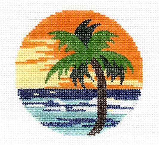 Round ~ Tropical Palm Tree and Ocean 18 mesh handpainted Needlepoint Canvas, 3" Rd. Ornament or  Insert by LEE