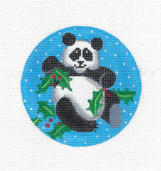 Panda Bear & Holly on handpainted Needlepoint Canvas Ornament by DC From Lawford
