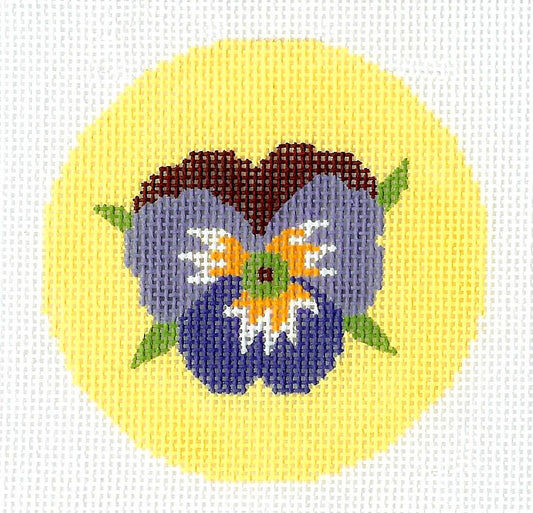 Round~ *RETIRED* Purple Pansy handpainted Needlepoint Canvas 3" Ornament or Insert LEE