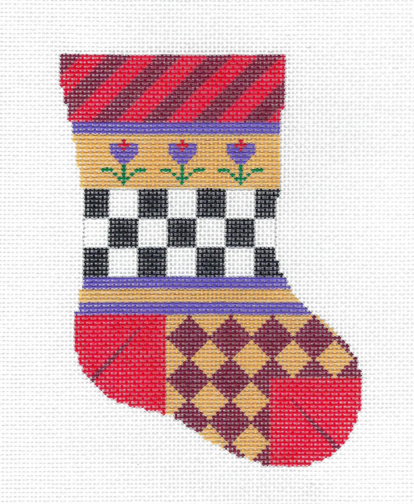 Stocking ~ Christmas Patchwork Mini Stocking Ornament Handpainted Needlepoint Canvas by Silver Needle