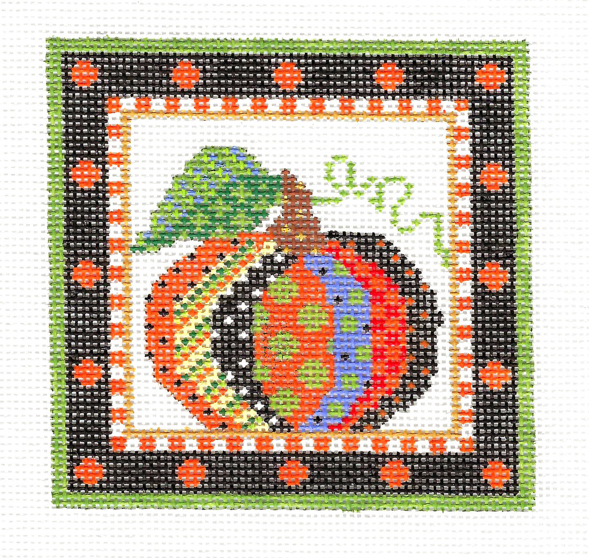 Autumn Quilted Patchwork Pumpkin 14 Mesh handpainted 4.75" Needlepoint Canvas by Kelly Clark