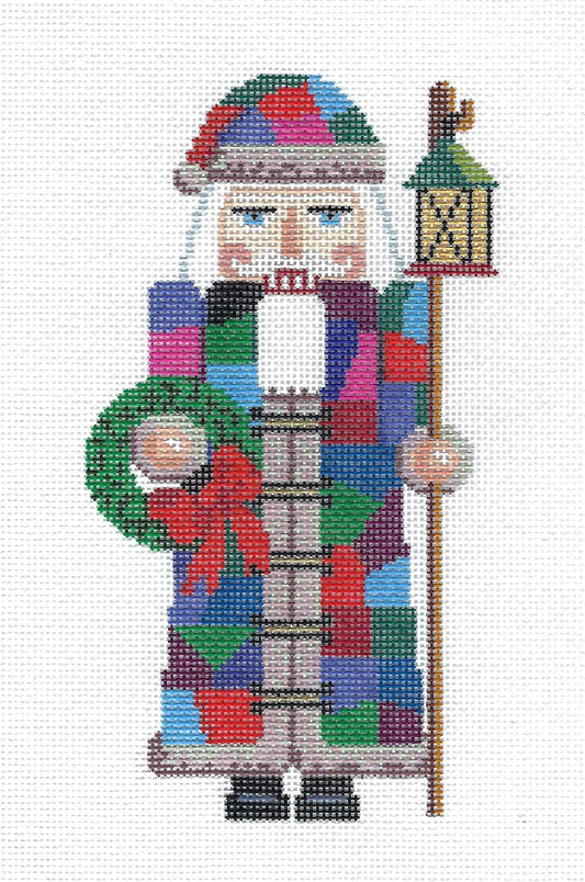 Nutcracker ~ PATCHWORK SANTA Nutcracker with Wreath & Lantern 18 Mesh handpainted Needlepoint Ornament by Susan Roberts