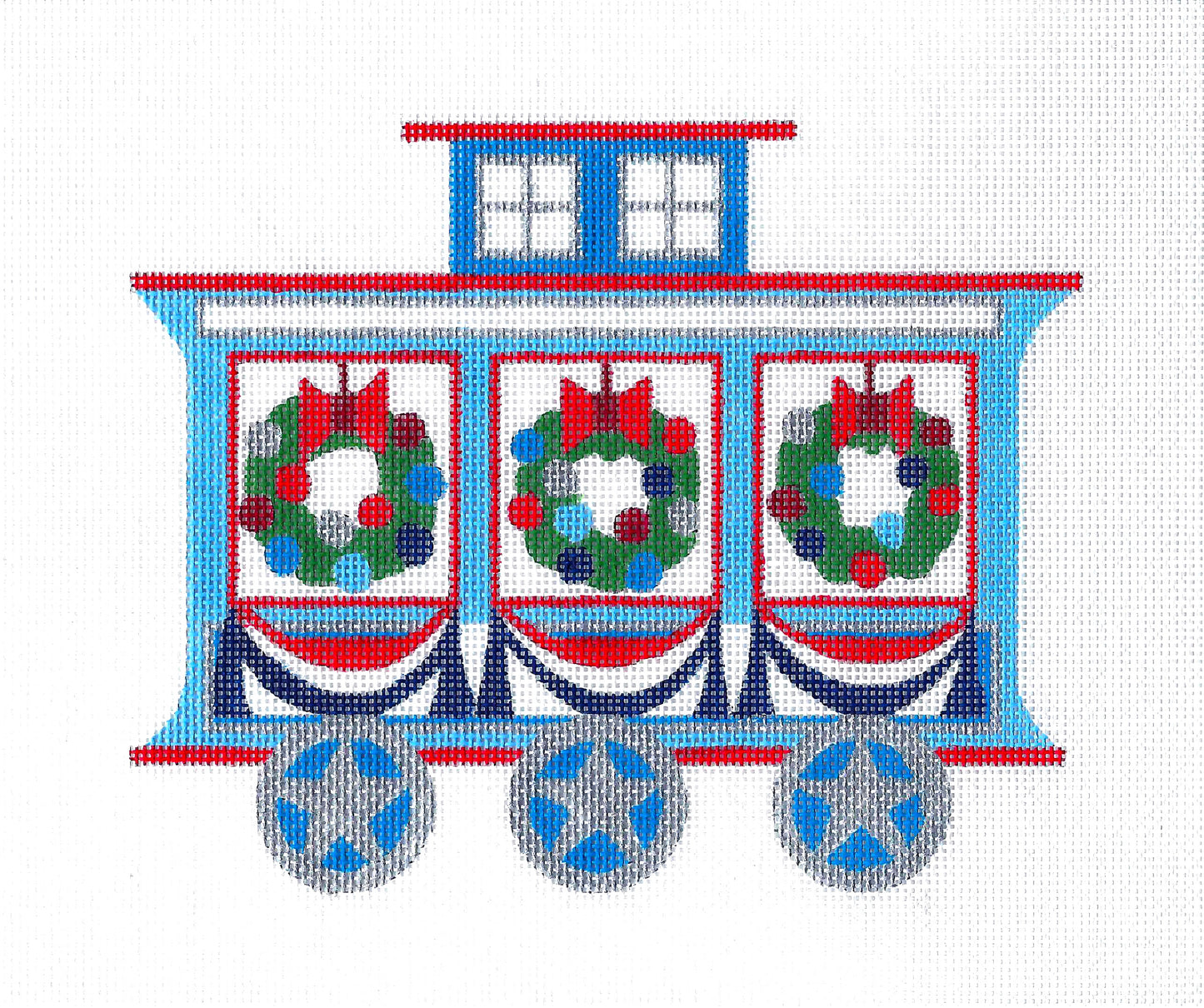 Train ~ Patriotic Train Caboose with Window Wreaths Red, White, Silver & Blue handpainted Needlepoint Canvas by Raymond Crawford