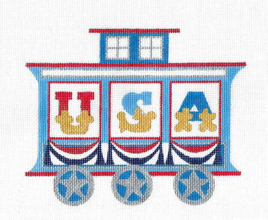 Train ~ Patriotic Train Caboose in Red, White, and Blue handpainted Needlepoint Canvas by Raymond Crawford