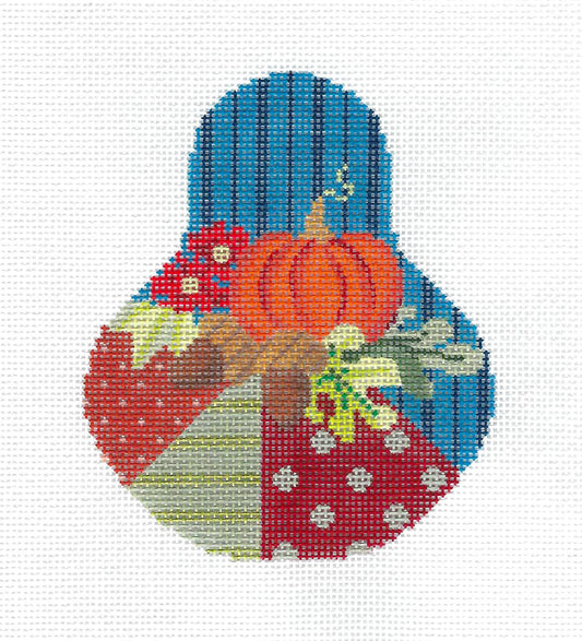 Kelly Clark Pear ~ Autumn Patchwork Pear with Pumpkin handpainted Needlepoint Canvas Ornament