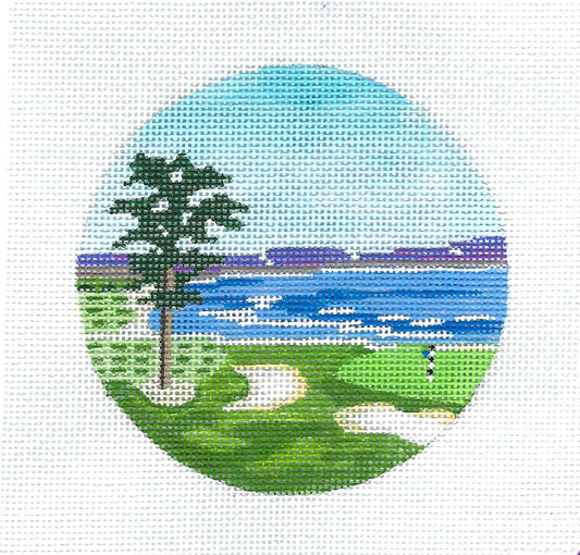 Travel Round ~ "Pebble Beach, California" Golf Course handpainted Needlepoint Canvas by Purple Palm
