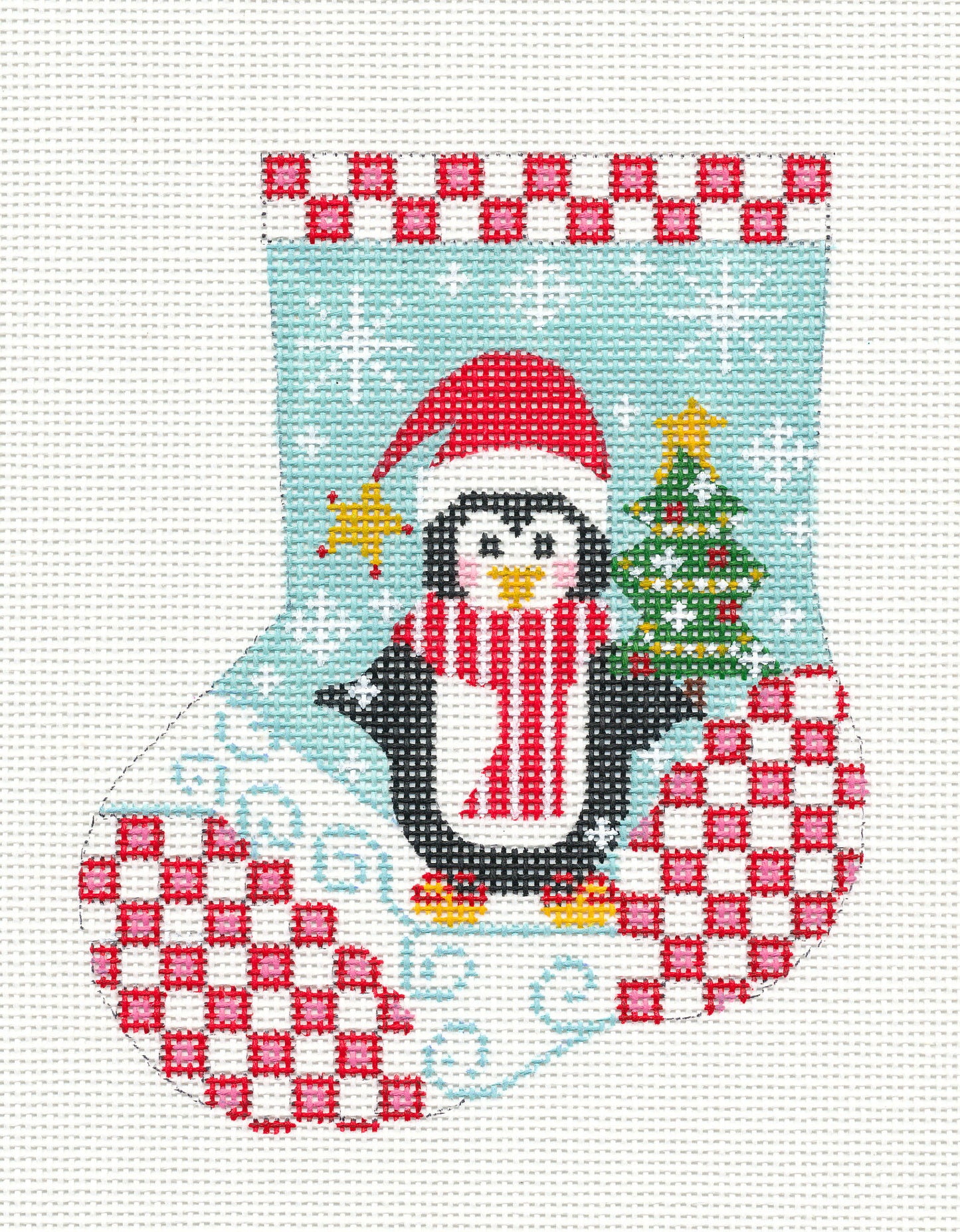 Mini Stocking ~ Penguin On Red & White Checked background Christmas Ornament on handpainted Needlepoint Canvas by CH Designs from Danji