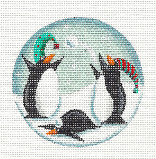 3 Penguins Playing with a Snowball Ornament handpainted Needlepoint Canvas Rebecca Wood