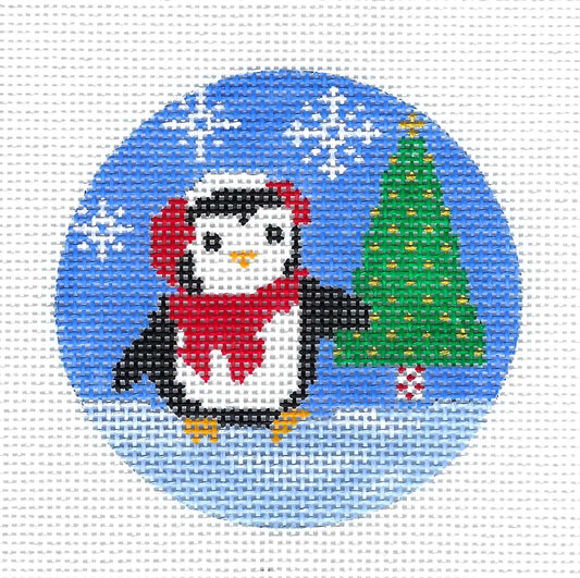 Penguin in Scarf with Christmas Tree  4" Rd. handpainted 13 Mesh Needlepoint Ornament by Karen ~ CBK